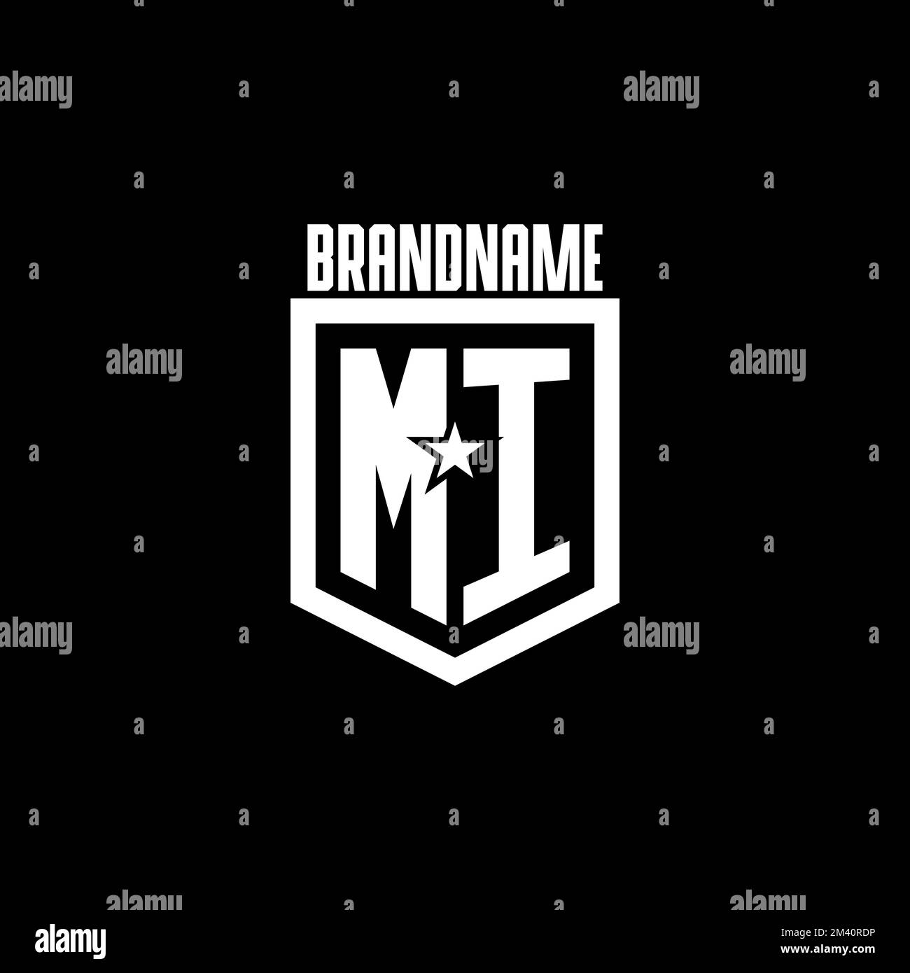 LOGO DI gioco iniziale MI con scudo e ispirazione per il design in stile star Illustrazione Vettoriale