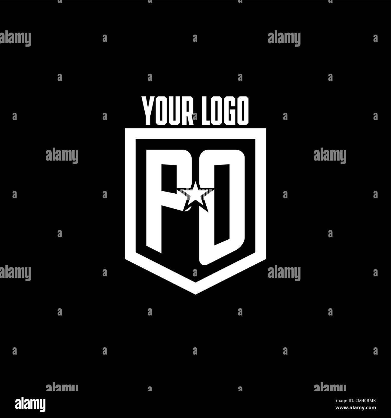 PO Initial gaming logo con scudo e ispirazione design stile star Illustrazione Vettoriale