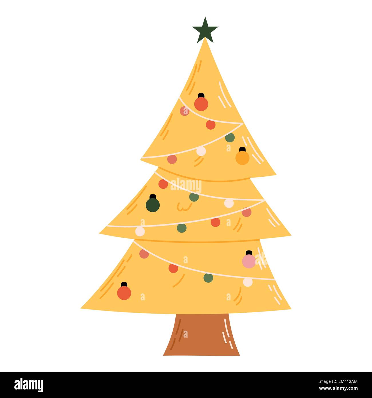 Albero di Natale con decorazioni. Concetto di celebrazione di Natale e Capodanno. Ideale per biglietti d'auguri, inviti, banner, web design. Illustrazione Vettoriale