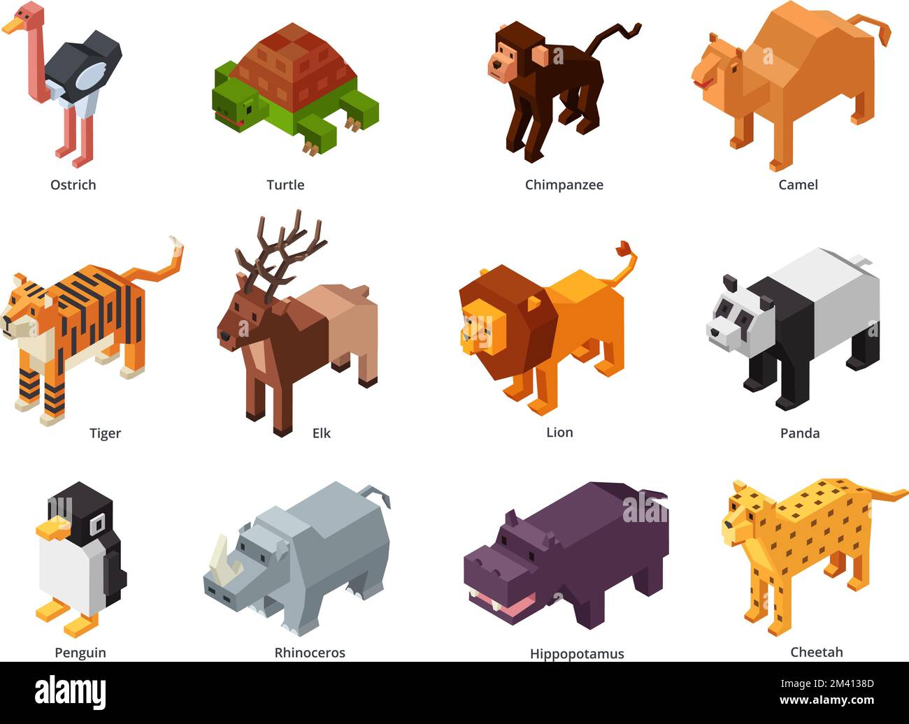 Animali isometrici dello zoo. Basso poly panda, pinguino giocattolo e tigre. Set di cartoni animati 3D di erbivori e animali selvatici predatori Illustrazione Vettoriale