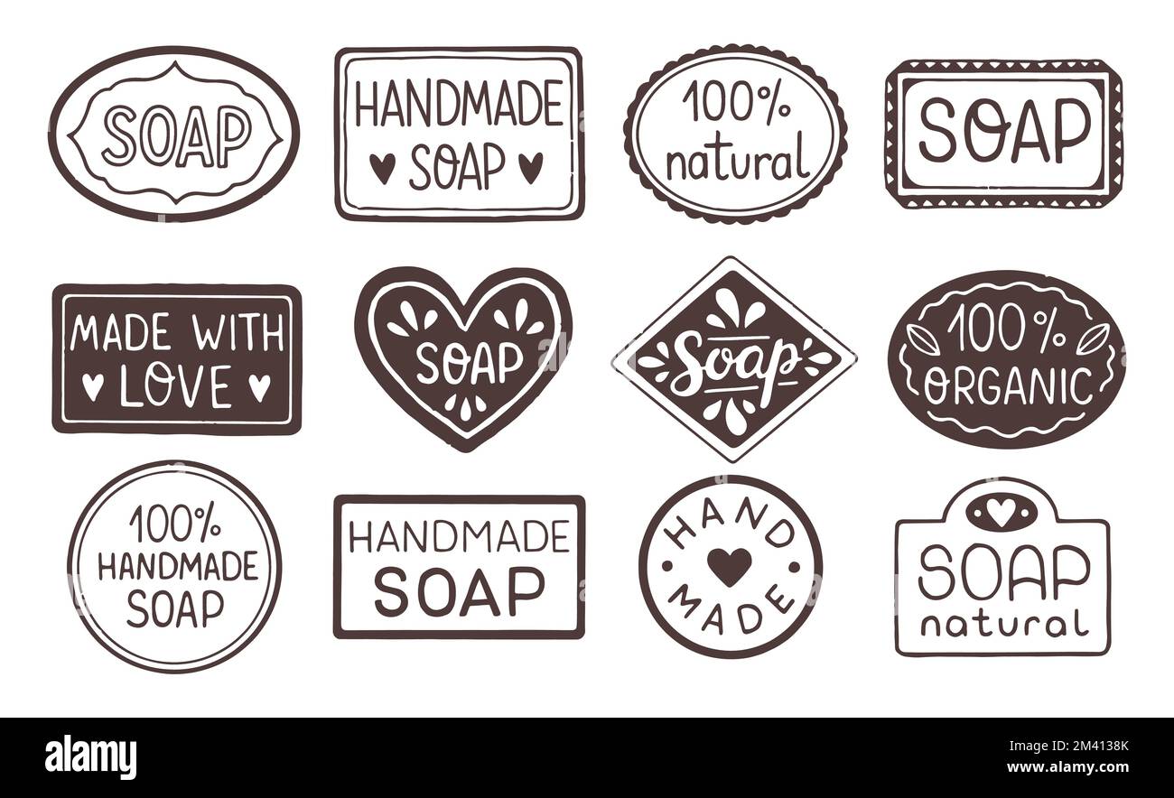 Etichette disegnate a mano per saponette fatte a mano. Timbro con sapone fatto a mano. Set di modelli vettoriali per tutti i tipi di sapone Illustrazione Vettoriale