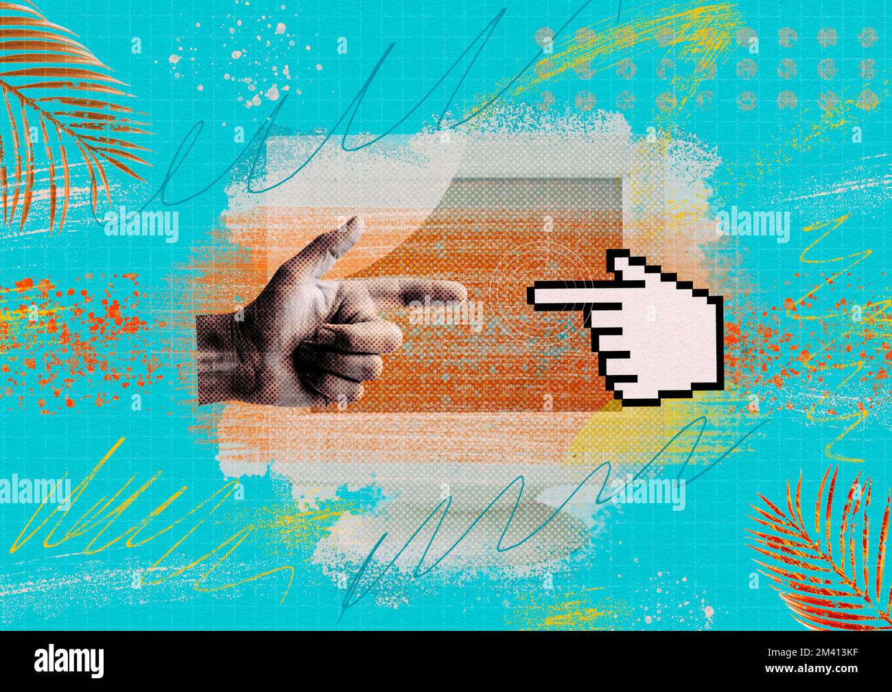 Collage umano creativo e puntatore a dita pixel Foto Stock