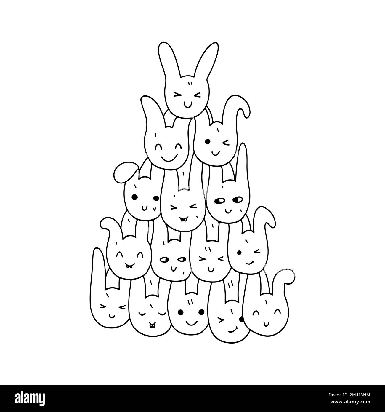 Coniglio divertente albero di Natale per nuovo anno e Buon Natale. Stile Doodle. Libro da colorare per bambini. Illustrazione Vettoriale