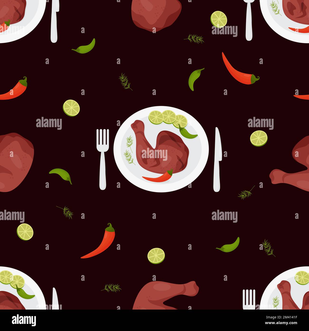 Motivo senza cuciture con coscia di pollo alla griglia. Cibo messicano barbecue Achiote Chicken su sfondo nero con peperoncino. Vettore che ripete lo sfondo con lati Illustrazione Vettoriale Motivo senza cuciture con coscia di pollo alla griglia. Cibo messicano barbecue Achiote Chicken su sfondo nero con peperoncino. Vettore che ripete lo sfondo con lati Illustrazione Vettoriale