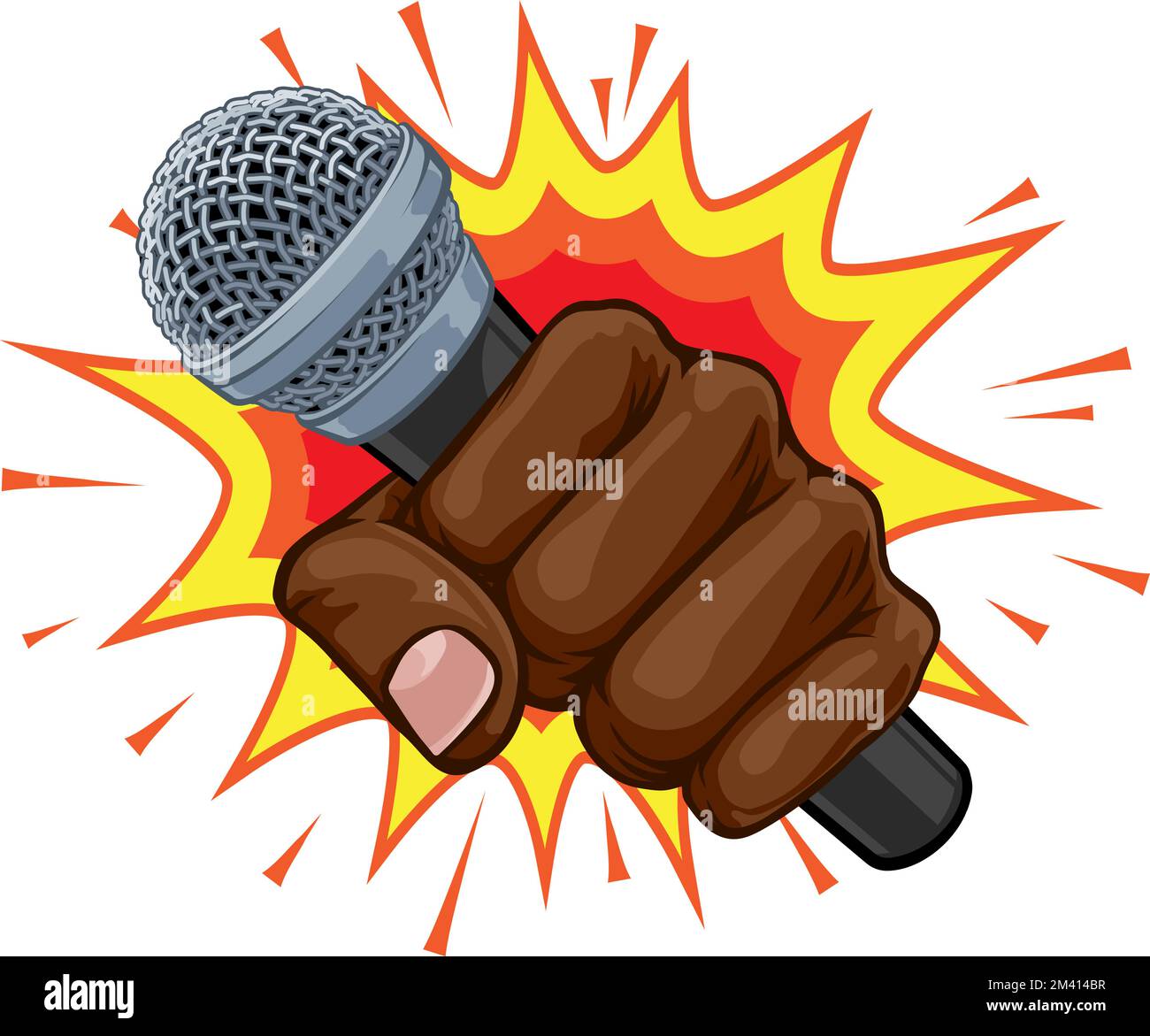 Microfono Fist mano esplosione Pop Art Cartoon Illustrazione Vettoriale