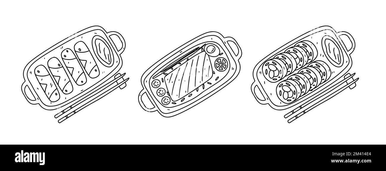 Set di piatti tradizionali asiatici su piatti in ceramica con bacchette in stile doodle trainato a mano. Vista dall'alto. Illustrazione vettoriale. Illustrazione Vettoriale