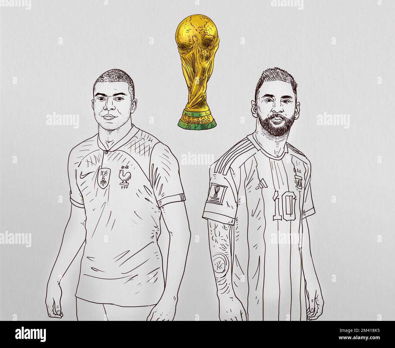 SUQIAN, CINA - 18 DICEMBRE 2022 - Illustrazione: Lionel messi e Kylian Mbappe, 18 dicembre 2022, Suqian, Jiangsu, Cina. Foto Stock