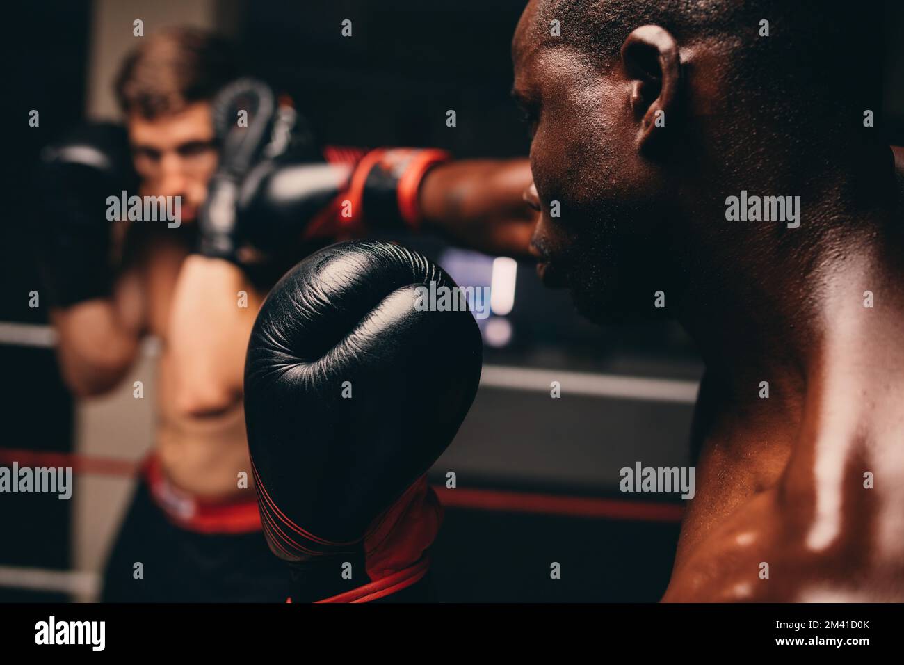 Boxer colpisce il suo partner sparring con un pugno in un anello di pugilato. Due giovani pugili si allenano insieme in una palestra di pugilato. Foto Stock