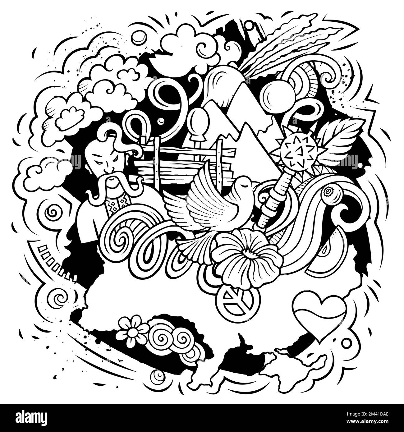 Ucraina cartoon doodle illustrazione. Divertente design ucraino. Sfondo vettoriale creativo con elementi e oggetti di paese europei. Composizione abbozzata Illustrazione Vettoriale