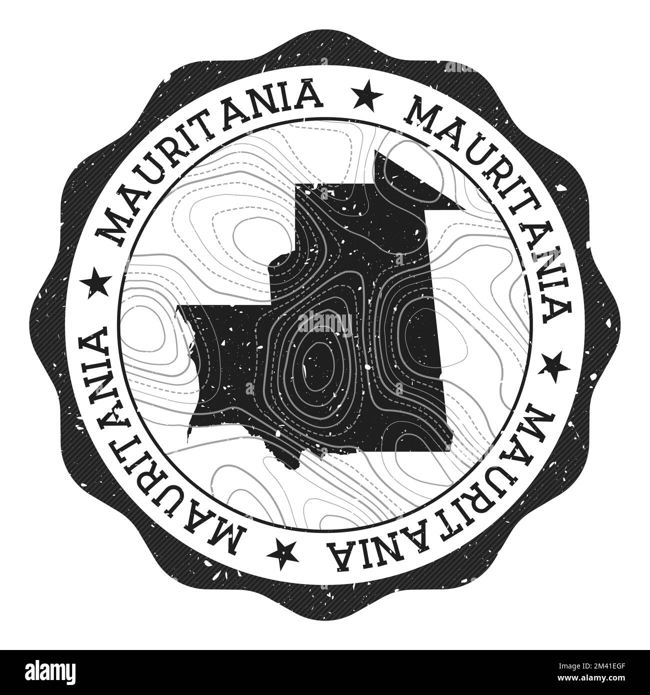 Francobollo per esterni in Mauritania. Adesivo rotondo con mappa del paese con isoline topografiche. Illustrazione vettoriale. Illustrazione Vettoriale