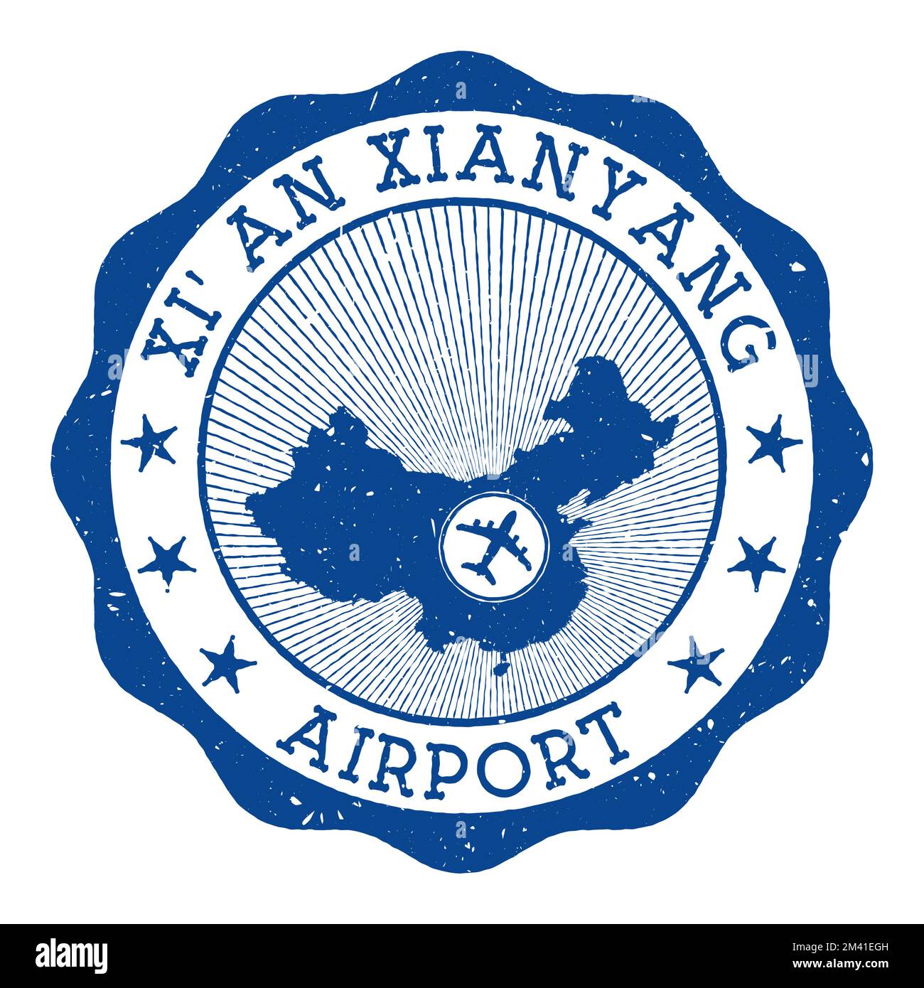 Timbro dell'aeroporto XI'an Xianyang. Logo rotondo dell'aeroporto di Xianyang con posizione sulla mappa della Cina contrassegnata da un aereo. Illustrazione vettoriale. Illustrazione Vettoriale