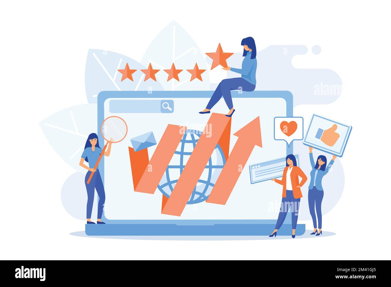 PR manager, Internet marketing colleghi. Gestione della reputazione online, risultati della ricerca di prodotti e servizi, concetto di rappresentazione dello spazio digitale, Fla Illustrazione Vettoriale