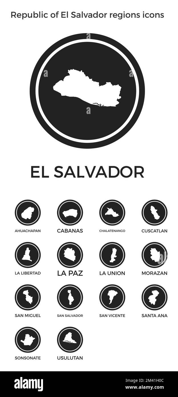 Icone delle regioni della Repubblica di El Salvador. Logo tondi neri con mappe e titoli delle regioni dei paesi. Illustrazione vettoriale. Illustrazione Vettoriale