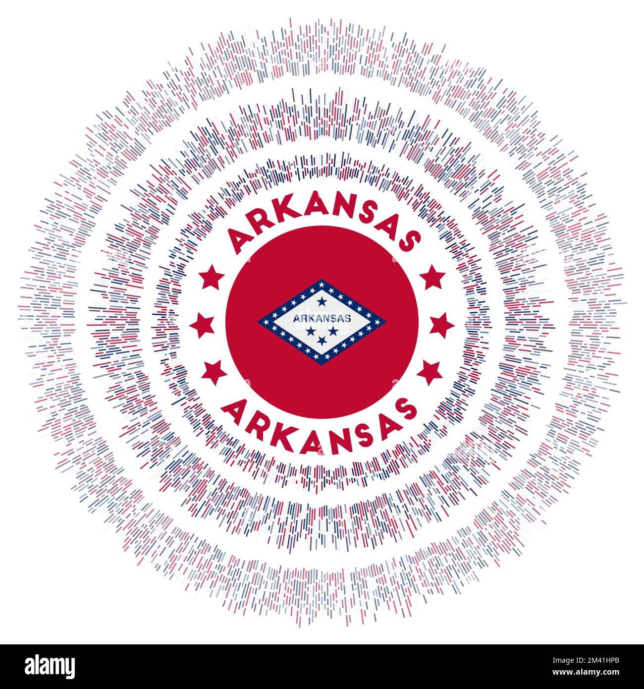 Simbolo dell'Arkansas. Radiosa bandiera dello Stato degli Stati Uniti con raggi colorati. Brillanti scoppi di sole con bandiera Arkansas. Potente illustrazione vettoriale. Illustrazione Vettoriale