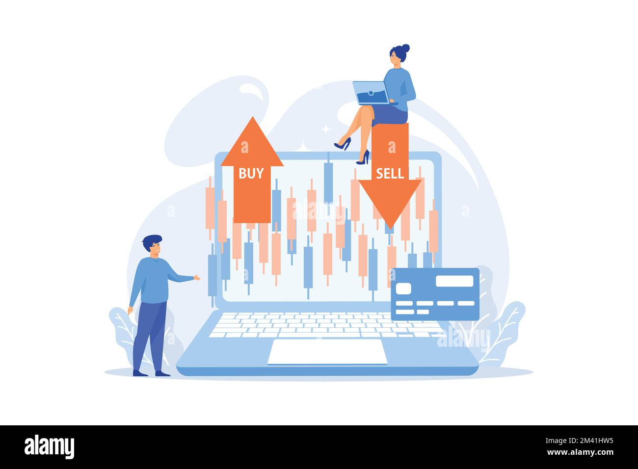 Le persone piccole stock commercianti al laptop con grafico comprare e vendere le azioni. Indice del mercato azionario, società di borsa, concetto di dati di borsa, appartamento Illustrazione Vettoriale