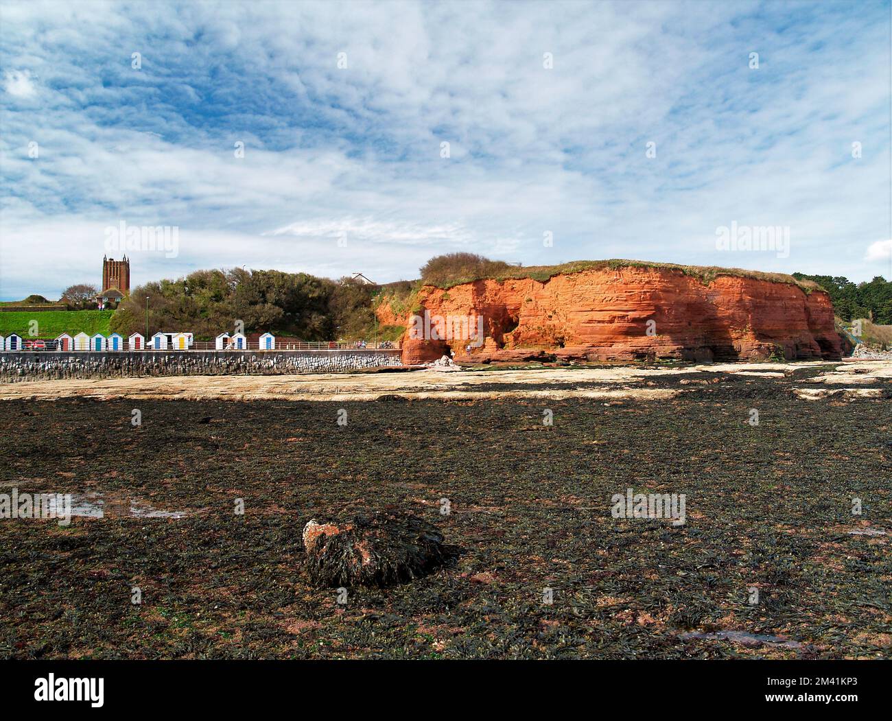 La roccia di arenaria rossa Permian affioramento di Hollicombe Head alla fine della parata marina e le sue capanne spiaggia, Preston Sands, Paignton, Torbay, South Devon, Foto Stock