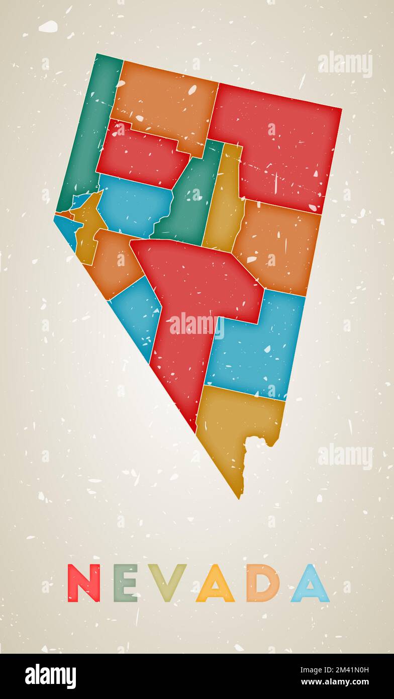 Mappa del Nevada. Poster di stato DEGLI STATI UNITI con regioni colorate. Vecchia trama grunge. Illustrazione vettoriale del Nevada con il nome dello stato degli Stati Uniti. Illustrazione Vettoriale