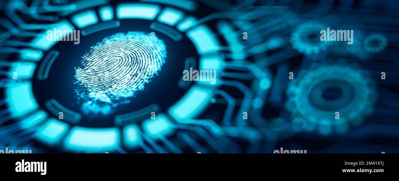 La scansione con tecnologia Fingerprint fornisce un accesso sicuro. Verifica tecnologica avanzata del futuro e cibernetica. Identità di autenticazione biometrica. Foto Stock