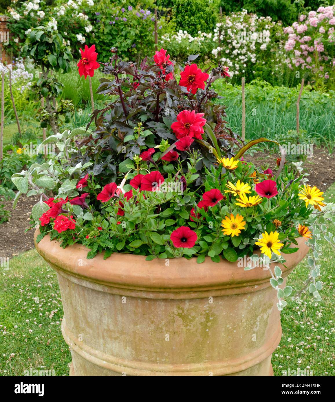 Esposizione piantato terracotta Urn Helmingham Hall Gardens vista ritratto Foto Stock