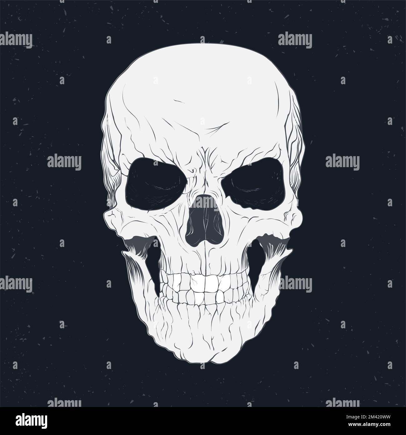 Cranio di un essere umano disegnato a mano con precisione anatomica su sfondo retro scuro Illustrazione Vettoriale