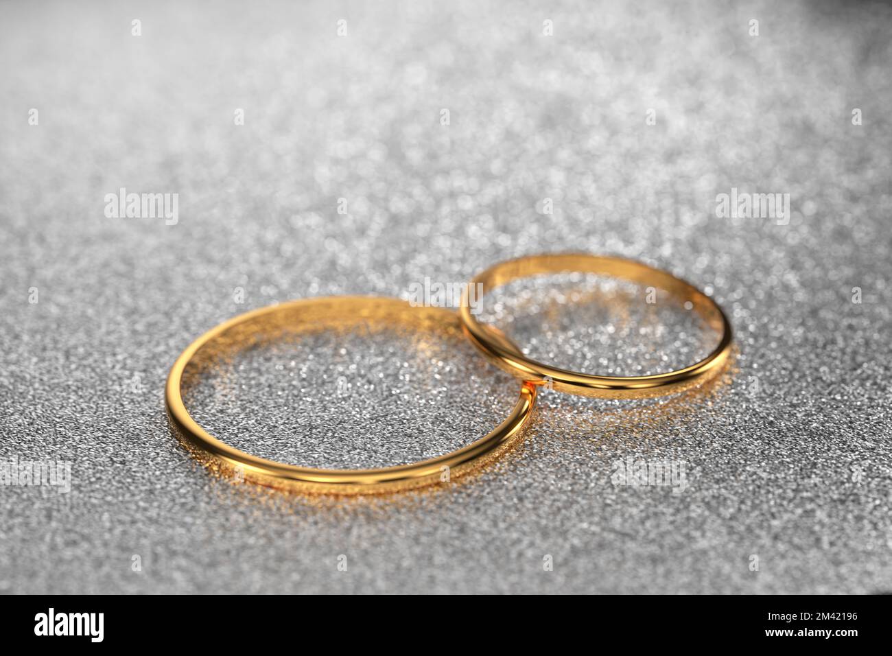 gli anelli dorati di nozze per il matrimonio degli sposi novelli si trovano su uno sfondo luminoso e luminoso. rendering 3d.. Foto Stock