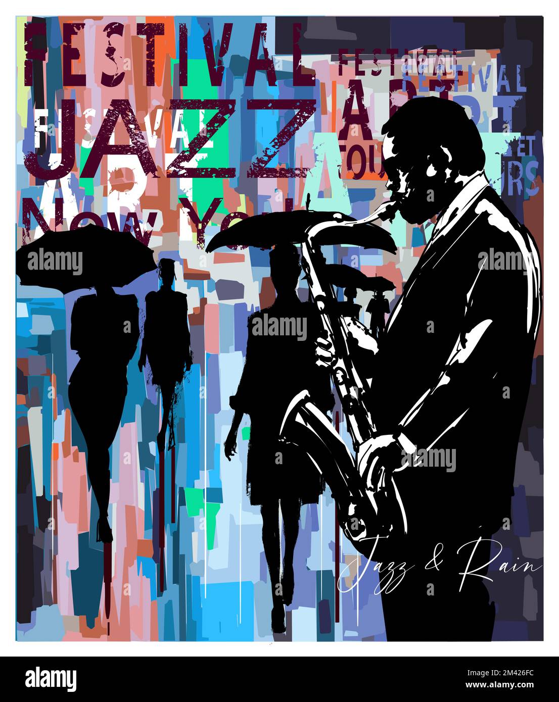 L'uomo con un sassofono è sotto la pioggia in una strada di New York - illustrazione vettoriale (ideale per la stampa, poster o carta da parati, decorazione della casa) Illustrazione Vettoriale