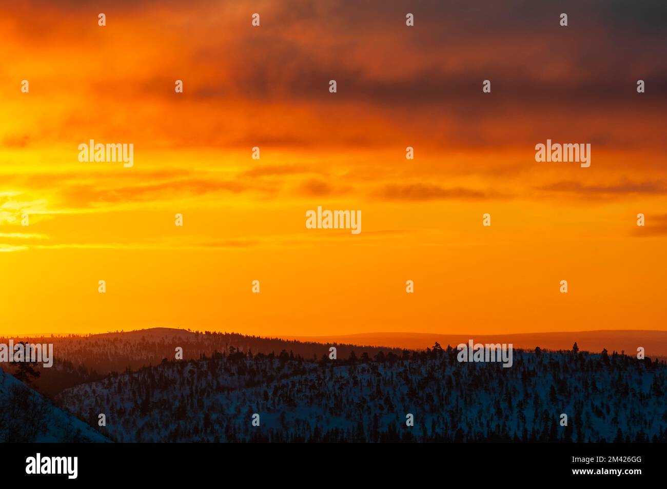 Un sereno tramonto invernale sulle montagne e le foreste norvegesi. Foto Stock