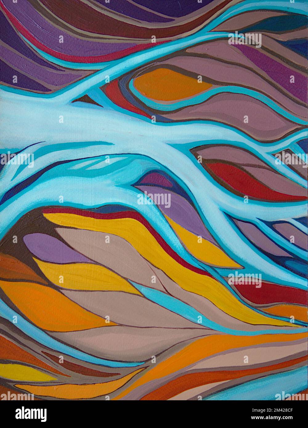 dipinto astratto ad olio di affluenti di fiume in blu arancio e viola Foto Stock