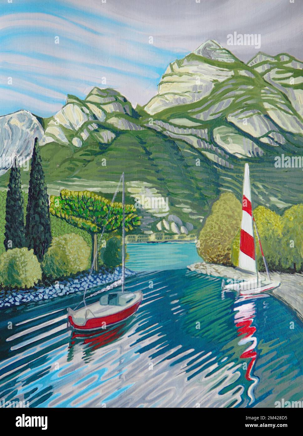Dipinto ad olio di Riva del Garda con montagne e barche sull'acqua Foto Stock