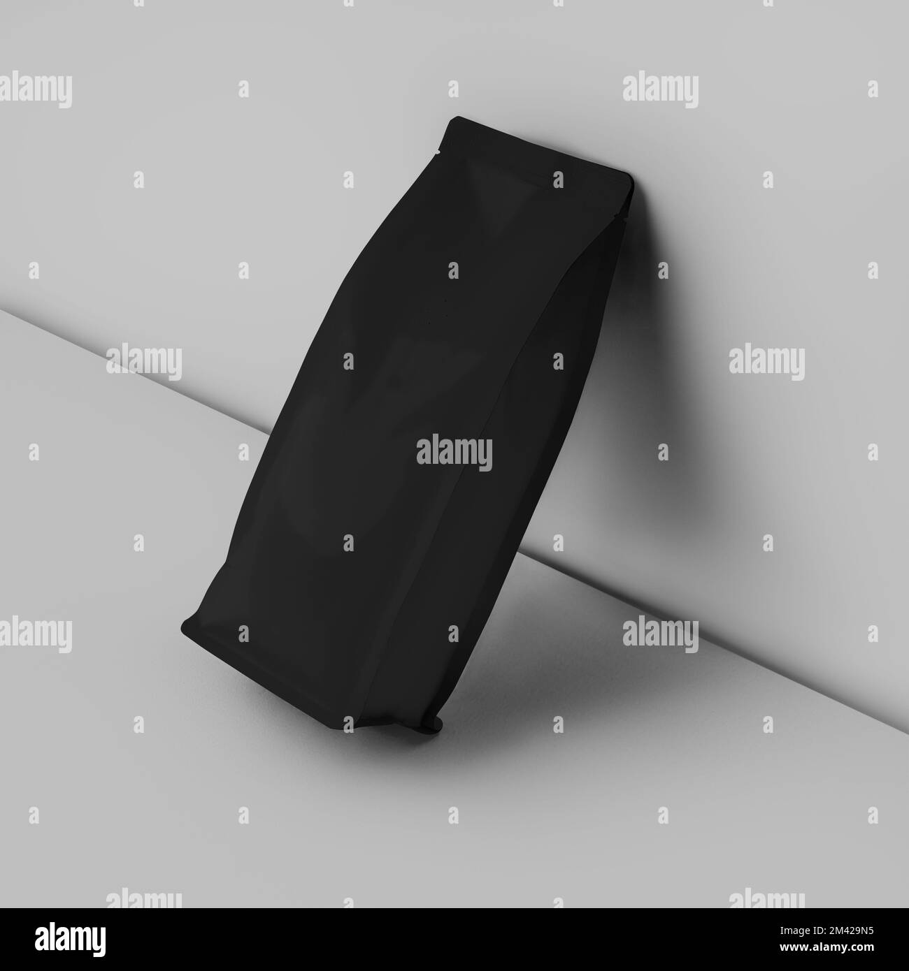 Mockup di fazzoletto nero stabile per caffè, bevande, espresso, con posto per design, motivo, pubblicità in caffetteria. Borsa modello per il prodotto Foto Stock