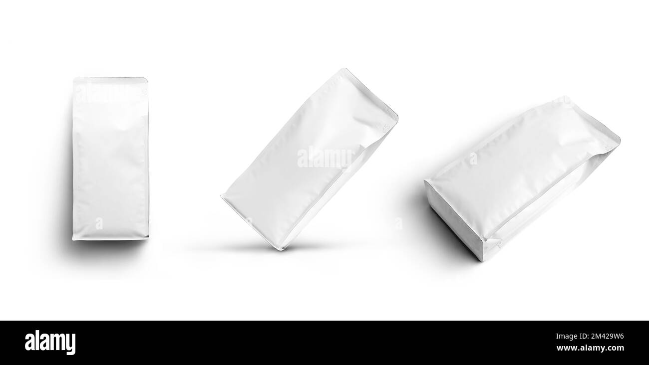 Mockup di fazzoletto bianco per caffè, tè, bevande, isolato sullo sfondo. Modello DOYPACK per design, pattern, pubblicità per bar. Un set di Foto Stock