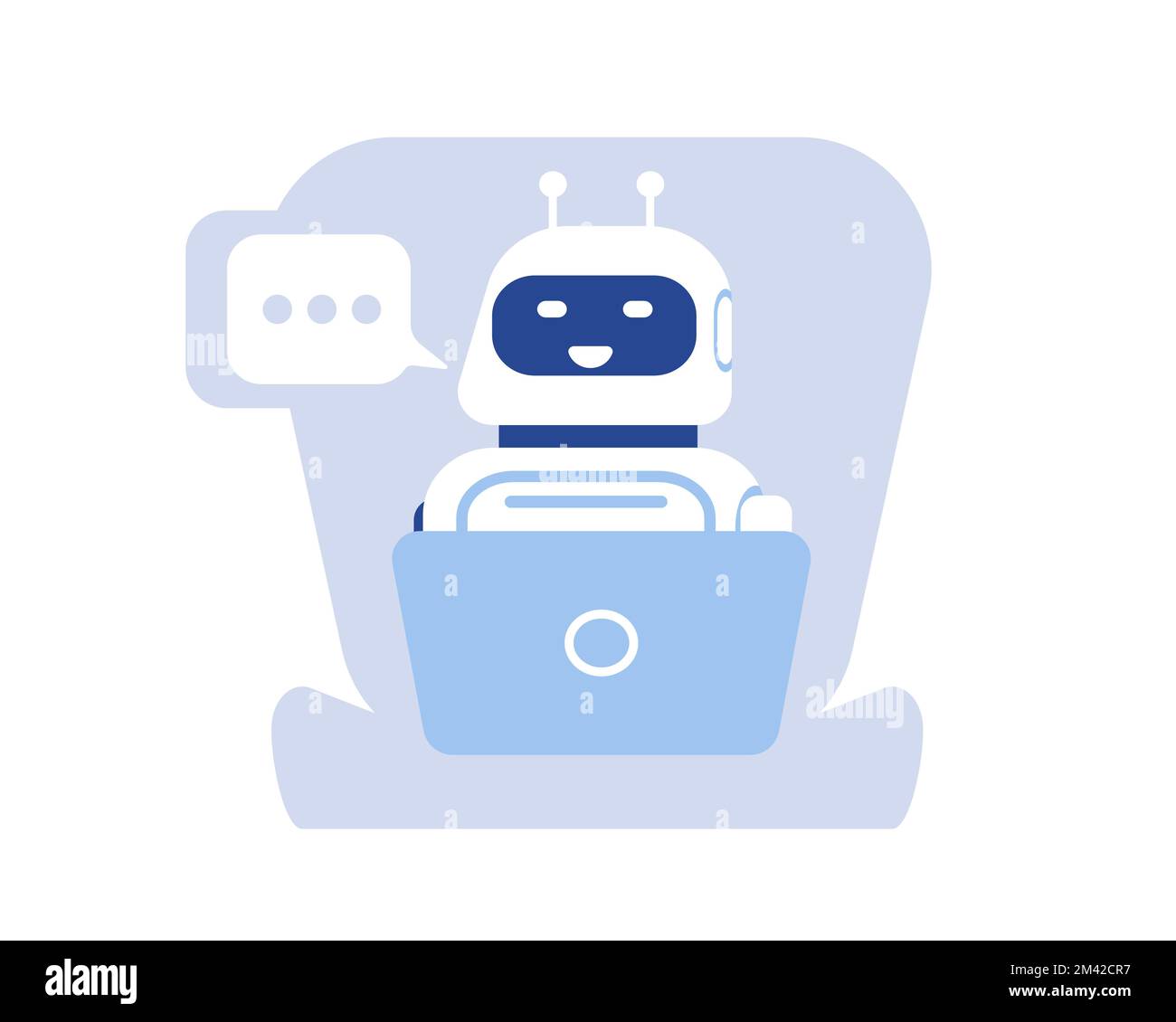 Icona Chat bot. Supporto clienti online e feedback. Robot con computer portatile. Carattere ai. Servizio di assistenza clienti. Tecnologia Web. Assistente artificiale Illustrazione Vettoriale