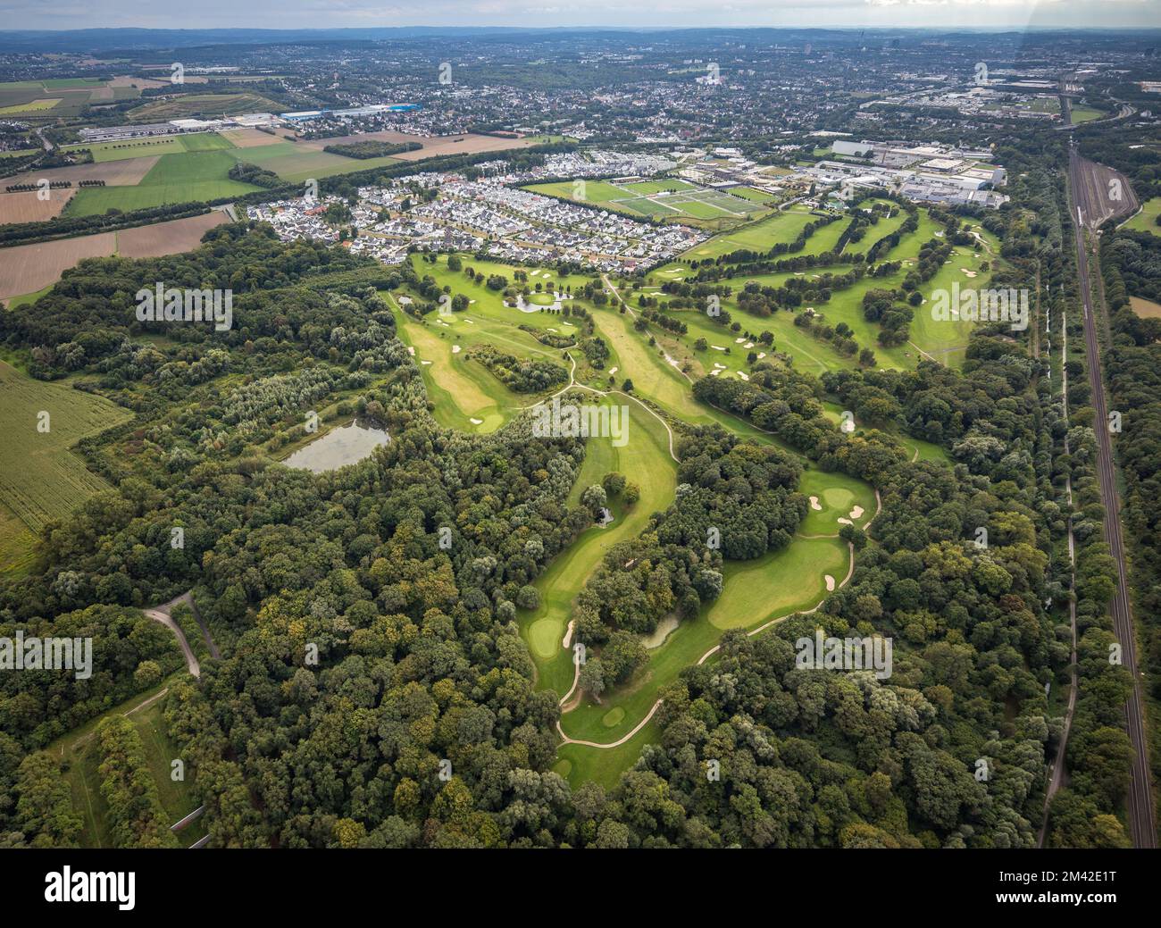 Vista aerea, Royal Saint Barbara's Dortmund Golf Club e casa singola residenziale zona Brackeler Feld e BVB Borussia Dortmund formazione Groun Foto Stock