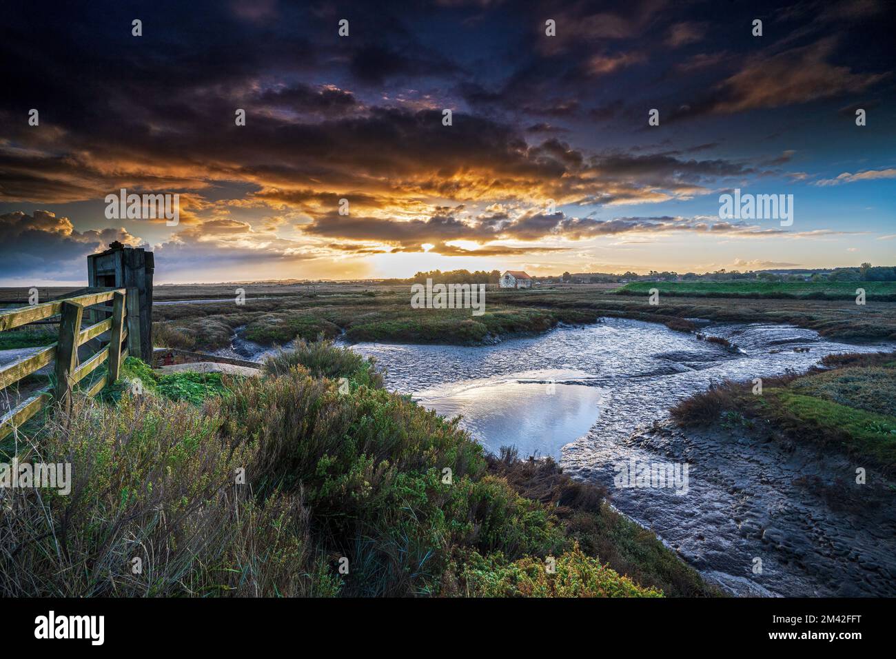 Thornham Old Harbour e paludi all'alba, Thornham, Norfolk, Inghilterra, Regno Unito Foto Stock