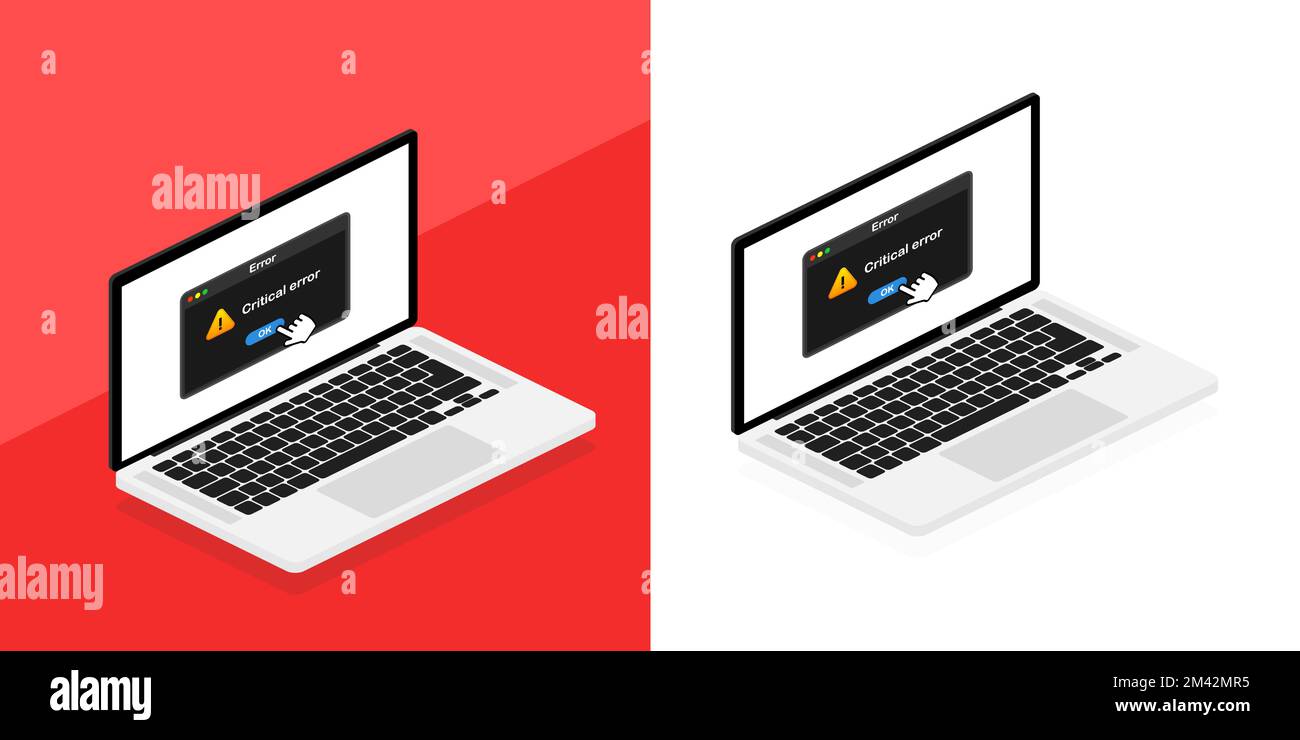 Messaggio di errore sullo schermo del computer portatile. Errore critico. Finestra errore di sistema. Illustrazione Vettoriale
