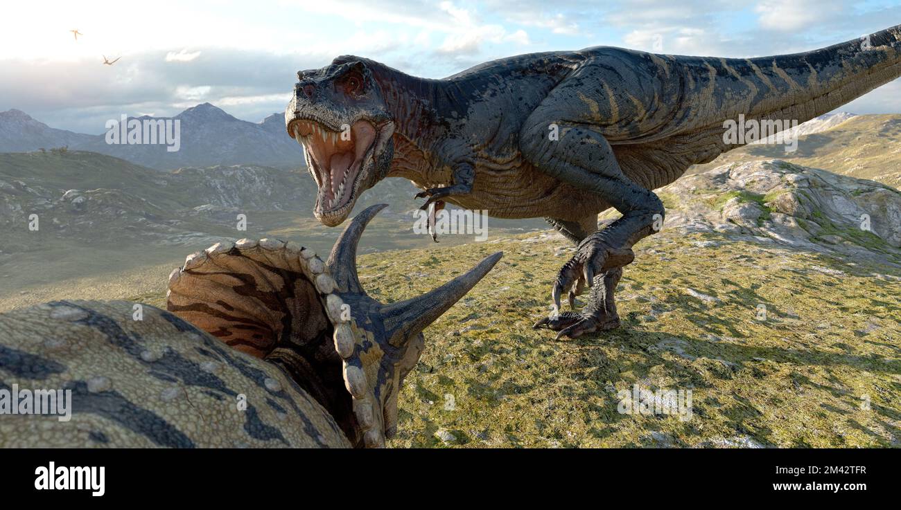 Tyrannosaurus e Triceratops dall'illustrazione di era Cretacea 3D Foto Stock