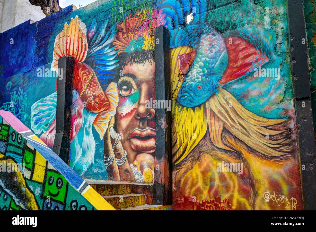 Graffiti-Covered Wall in Otrobanda, Willemstad, Curacao Foto Stock