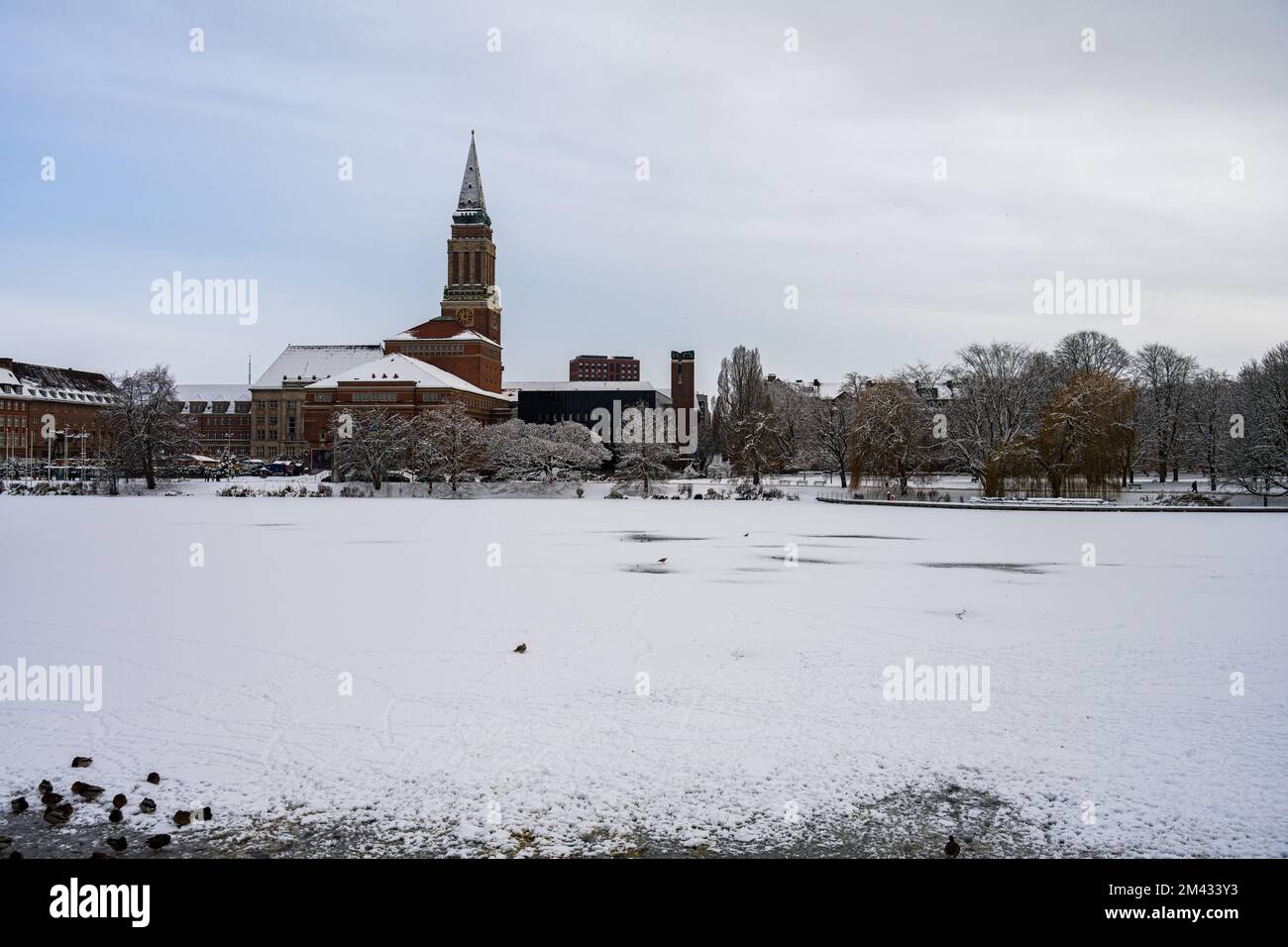 Zugefrorener und Schnee bedeckter see in der Innenstadt Kiels mit Blick auf das Rathaus und des Opernhaus im Dezember Foto Stock