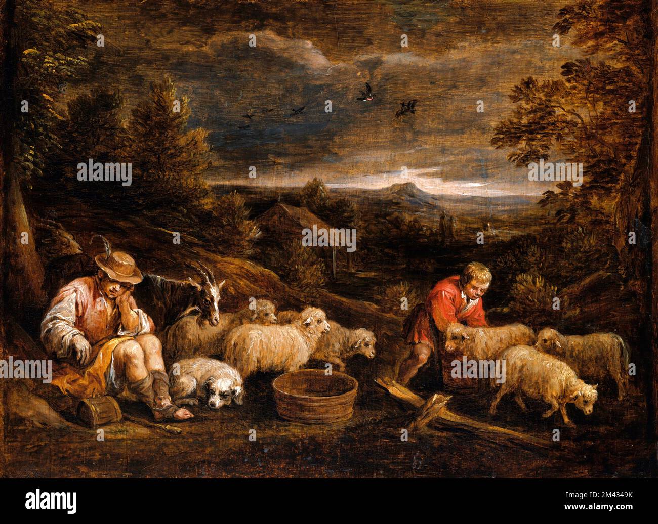 Pastori e pecore di David Teniers il giovane (1610-1690), olio su legno Foto Stock