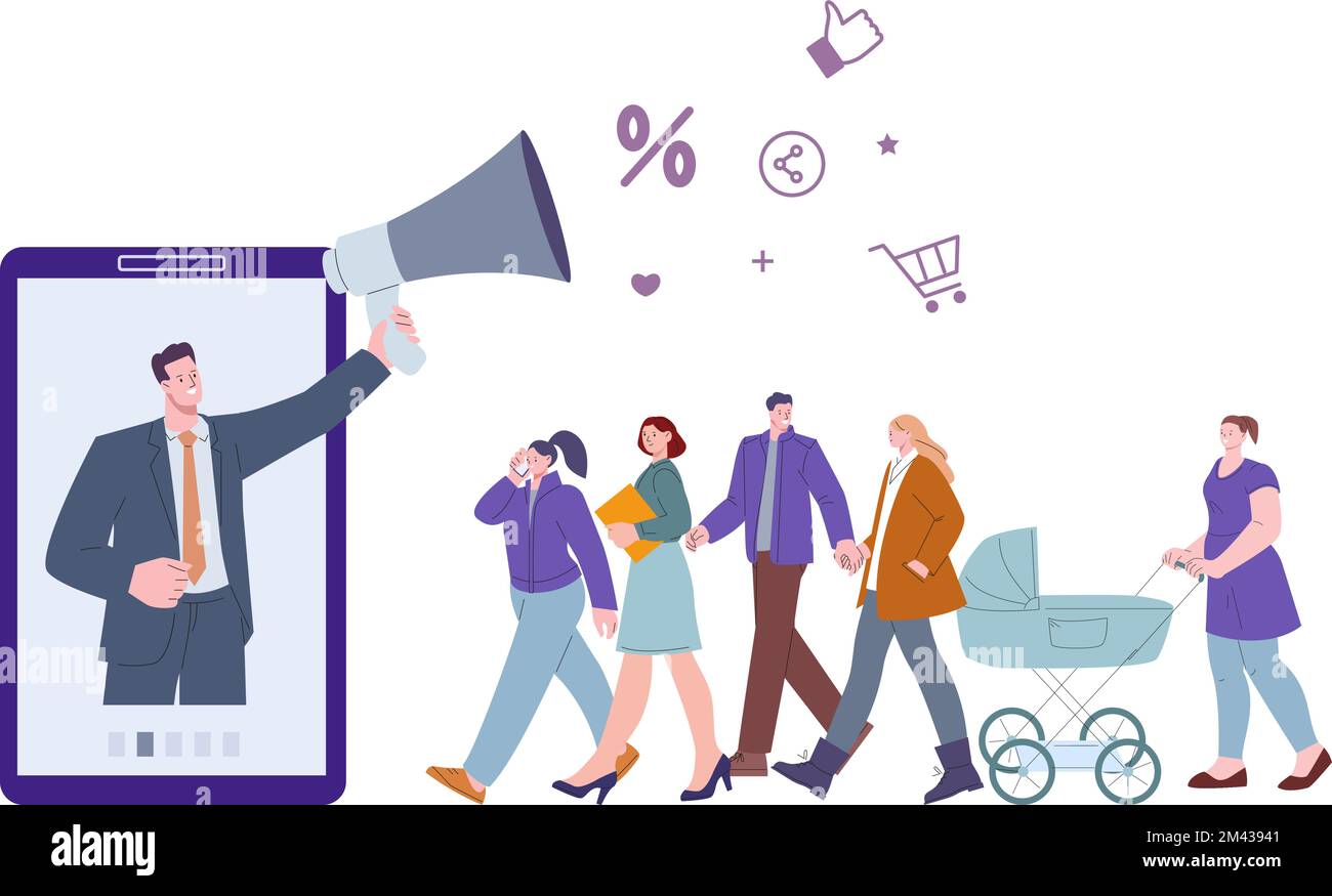 Concetto di social media marketing. Varie persone vanno alle vendite. Uomo sullo schermo dello smartphone con megafono. Scena vettoriale della pubblicità digitale Illustrazione Vettoriale