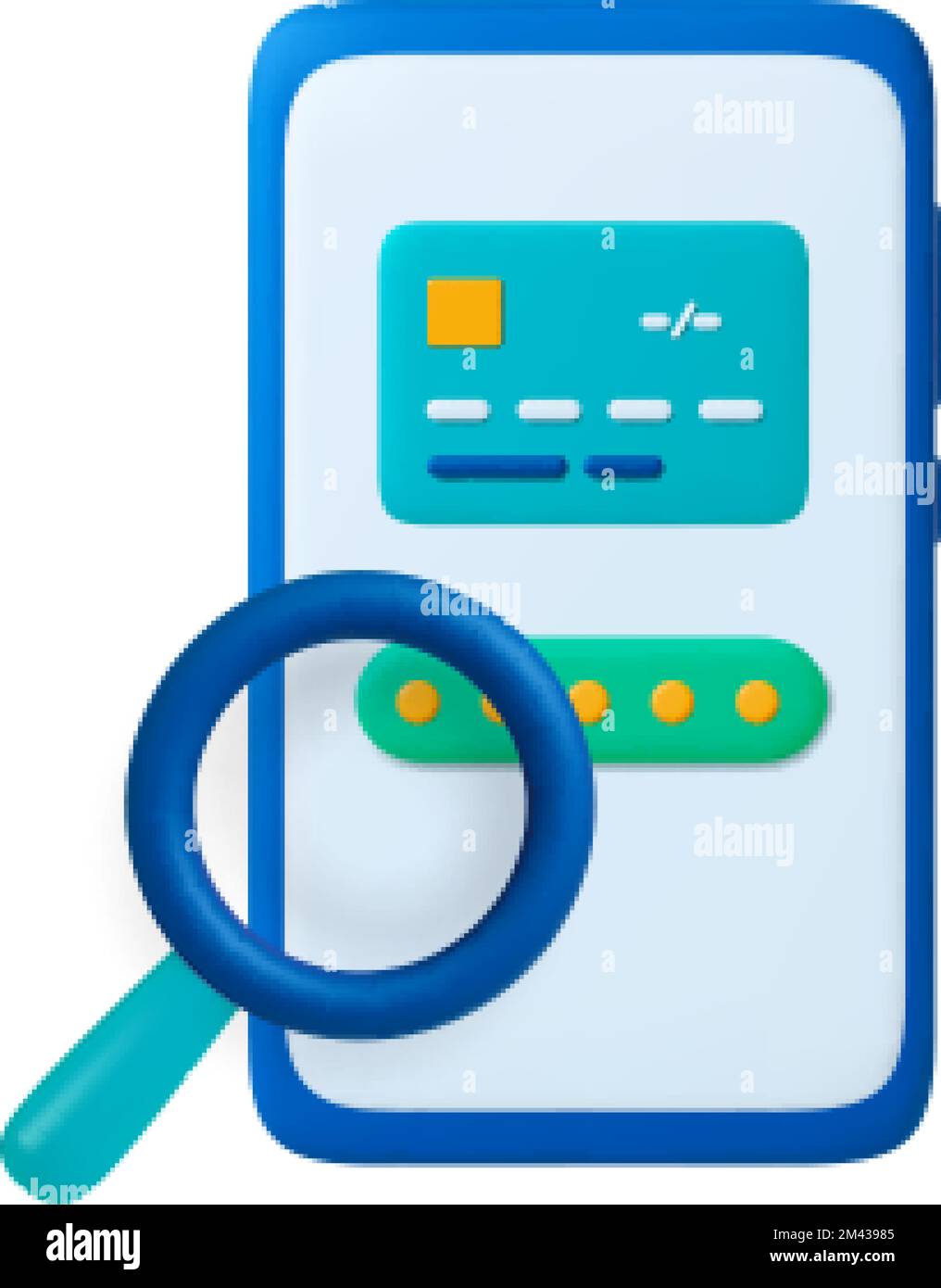 Concetto di sicurezza digitale a pagamento 3D. App per smartphone banking o modulo di pagamento. Password con lente di ingrandimento. Carta di debito di credito on-line, vettore business Illustrazione Vettoriale
