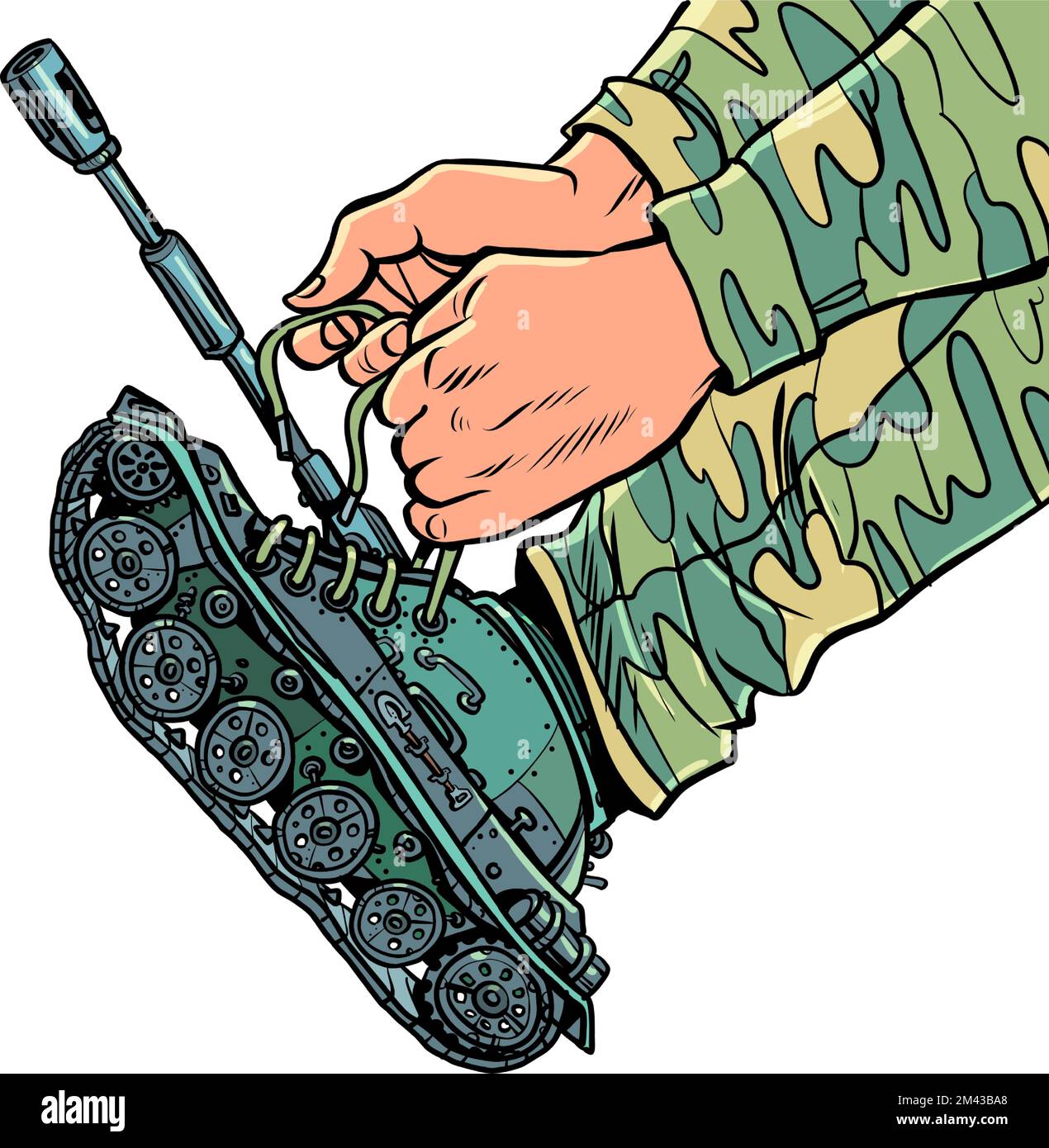 Un soldato in uniforme indossa carri armati anziché stivali. Concetto di mobilitazione di guerra dell'esercito Illustrazione Vettoriale