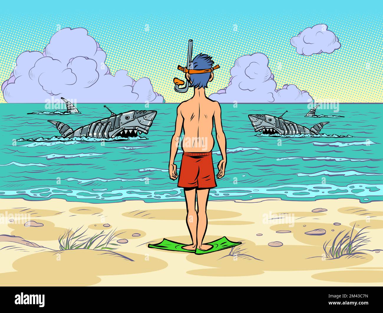 un turista sulla riva del mare. Squali meccanici pericolosi nuotano nell'oceano Illustrazione Vettoriale