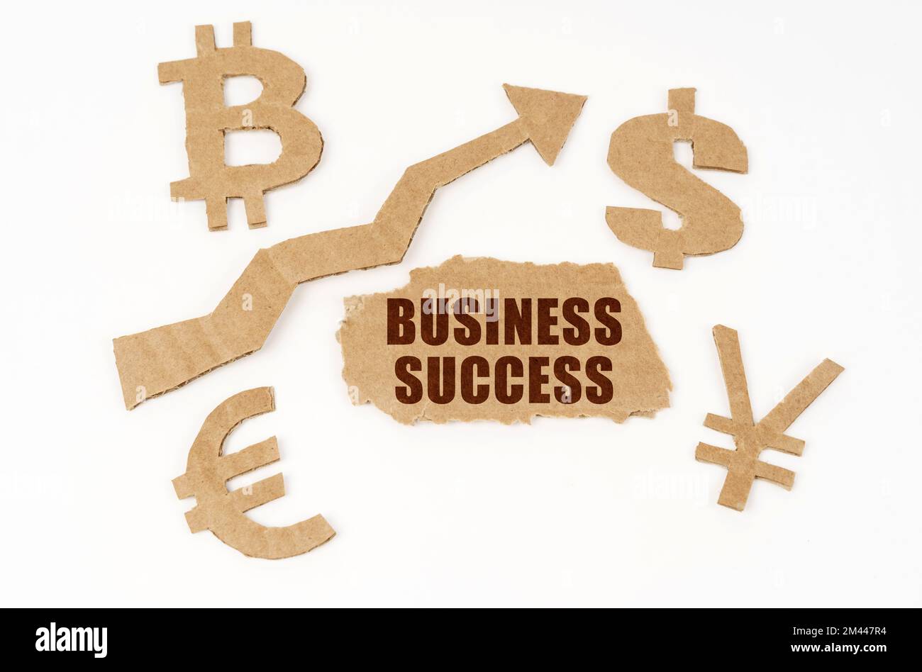 Concetto economico. Su sfondo bianco, simboli di bitcoin, dollaro, euro, yen, una freccia verso l'alto e un cartone strappato con l'iscrizione - business s Foto Stock