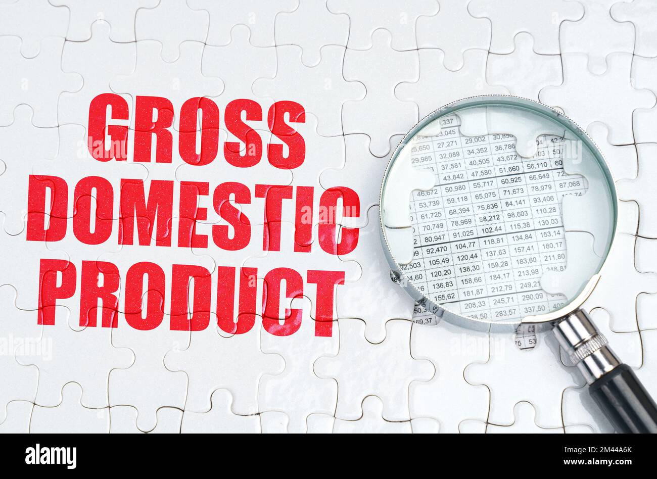 Concetto aziendale. Ci è una lente d'ingrandimento sui puzzle, accanto ad esso è scritto - PRODOTTO INTERNO LORDO Foto Stock