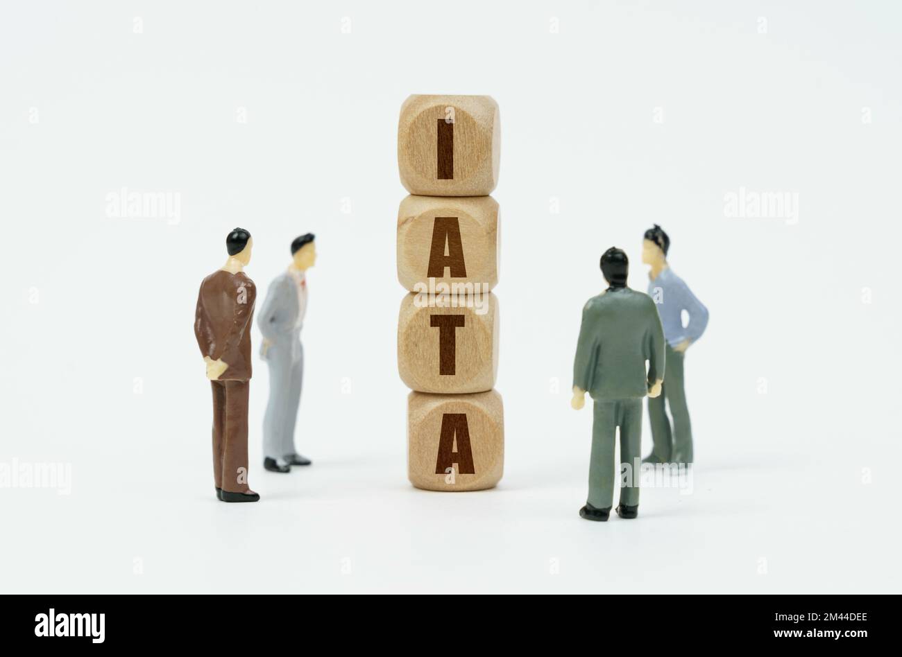 Concetto di business e finanza. Su uno sfondo bianco, figure di uomini d'affari guardano i cubi di legno con l'iscrizione - IATA Foto Stock