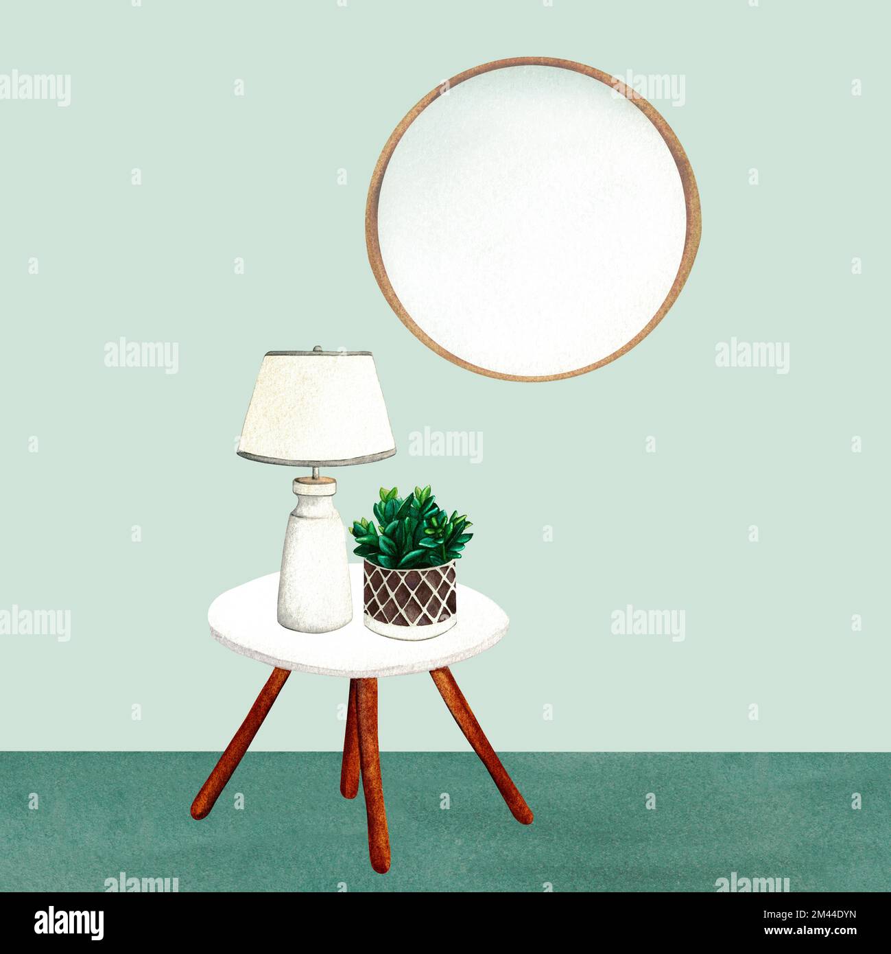 Lampada da notte e impianto di casa sul tavolino da caffè. Acquerello all'interno del soggiorno. Clipart. Elementi di arredamento su sfondo bianco Foto Stock