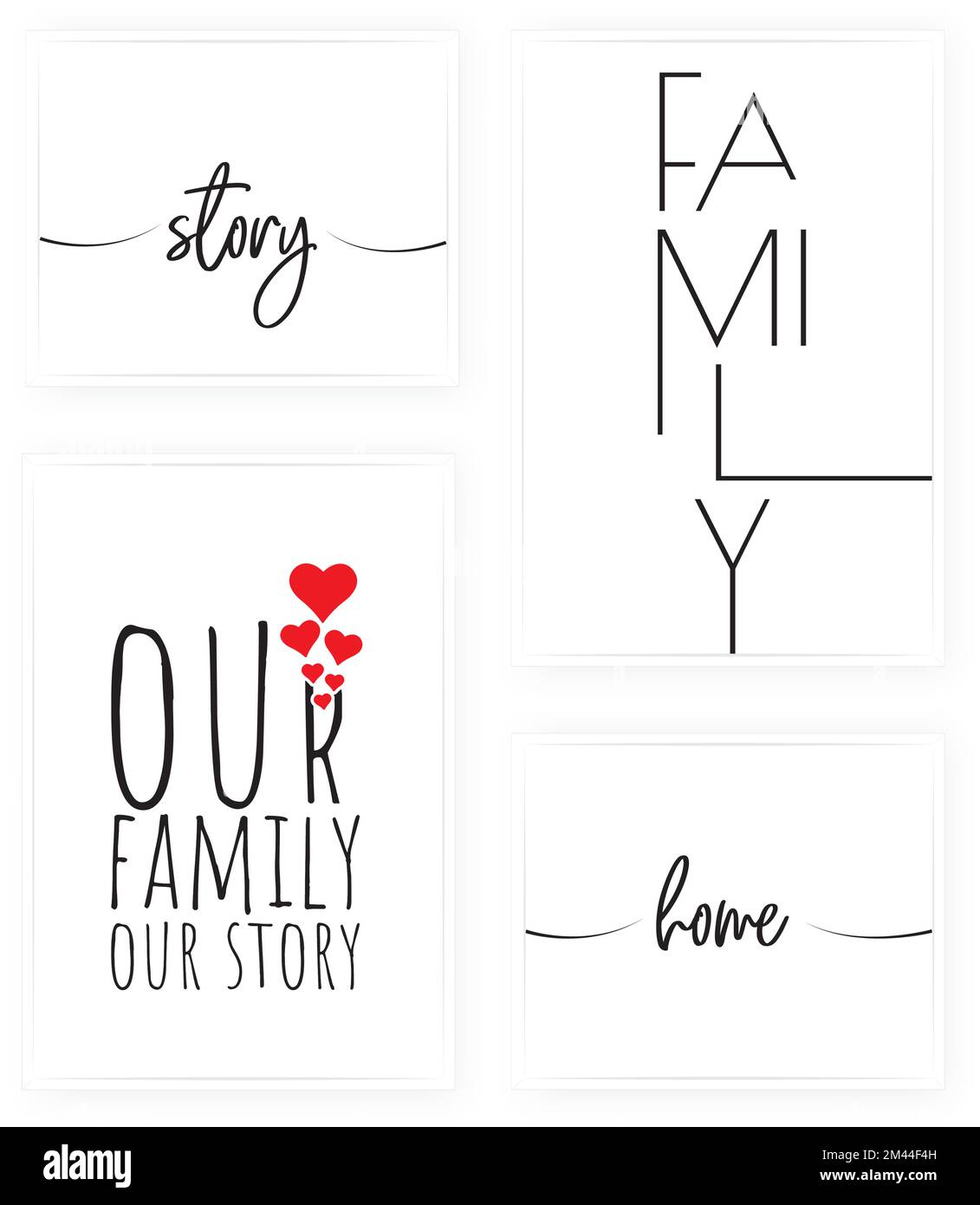 La nostra famiglia la nostra storia, vettore. Poster dal design minimalista in quattro pezzi. Opere d'arte, opere d'arte Illustrazione Vettoriale