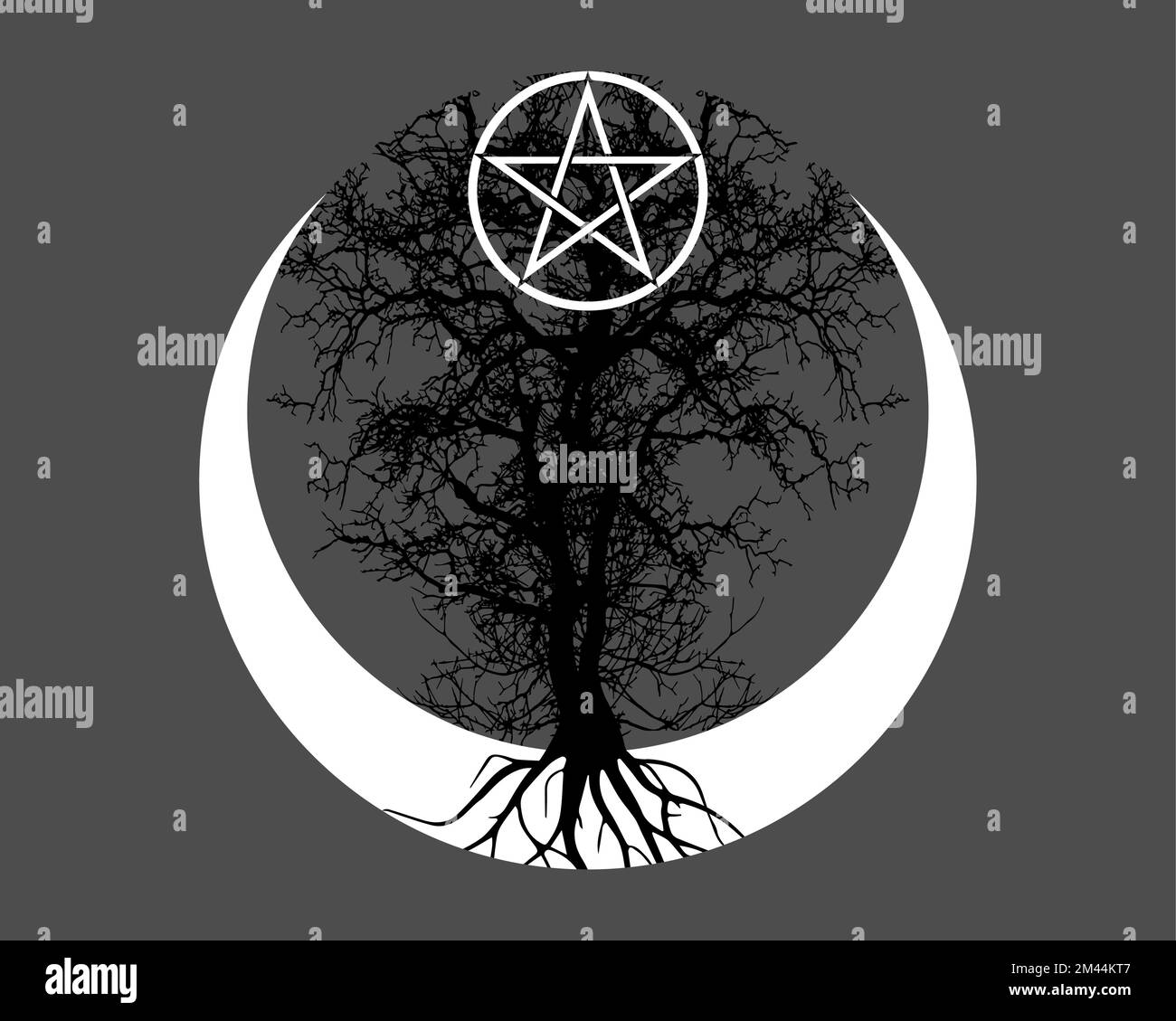 Luna mistica, albero della vita e pentacolo di Wicca. Geometria sacra. Logo, Crescent moon, Half moon pagan Wiccan divinità simbolo, energia cerchio, tatuaggio Illustrazione Vettoriale