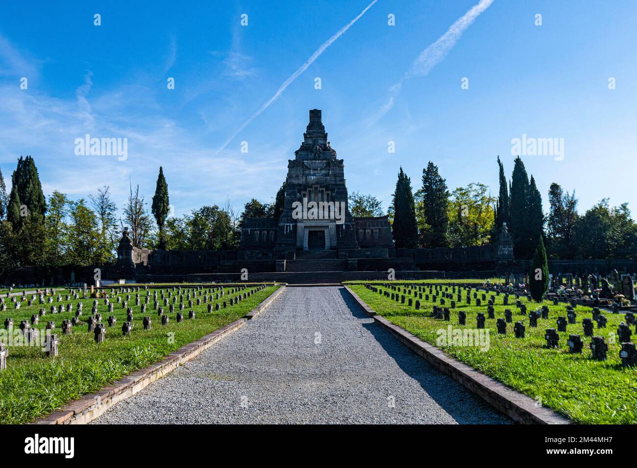 Cimitero cittadino, sito patrimonio dell'umanità dell'UNESCO 'città aziendale'. Crespi dÂ´Adda, Italia Foto Stock